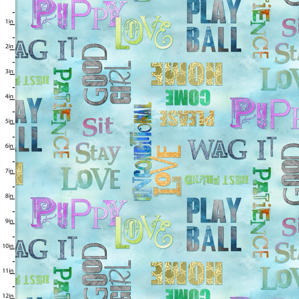 Quilting Fabric WORDS BLUE from The GOOD DOGS Collection by Connie Haley from 3 Wishes, 12206-BLUE