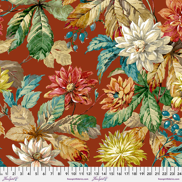 Fabric Dahlia & Rosehip, color Russet, from the Woodland Blooms Collection, by Sanderson for Free Spirit, PWSA029.RUSSET