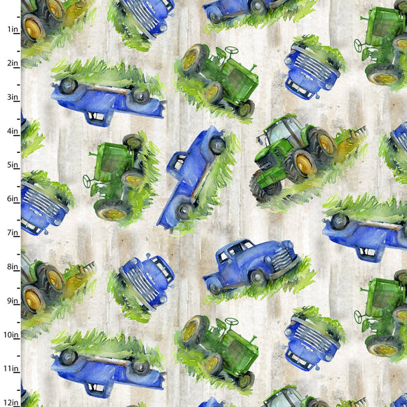 Fabric TRUCKS AND TRACTORS TAN from Country Living Collection by John Keeling for 3 Wishes, # 21678-TAN-CTN-D