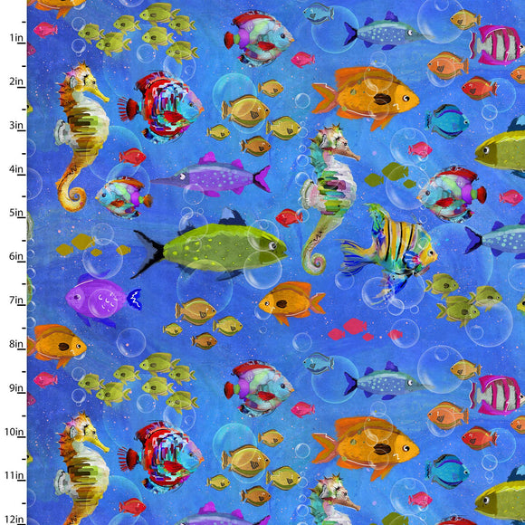 Fabric FISHES GALORE MULTI from Shining Sea Collection by Connie Haley for 3 Wishes, # 21690-MLT-CTN-D