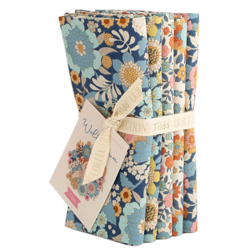Fabric, 5 Fat 1/4s (20" X 22") bundle from Tilda, WALLFLOWER Collection BLUE, 300234