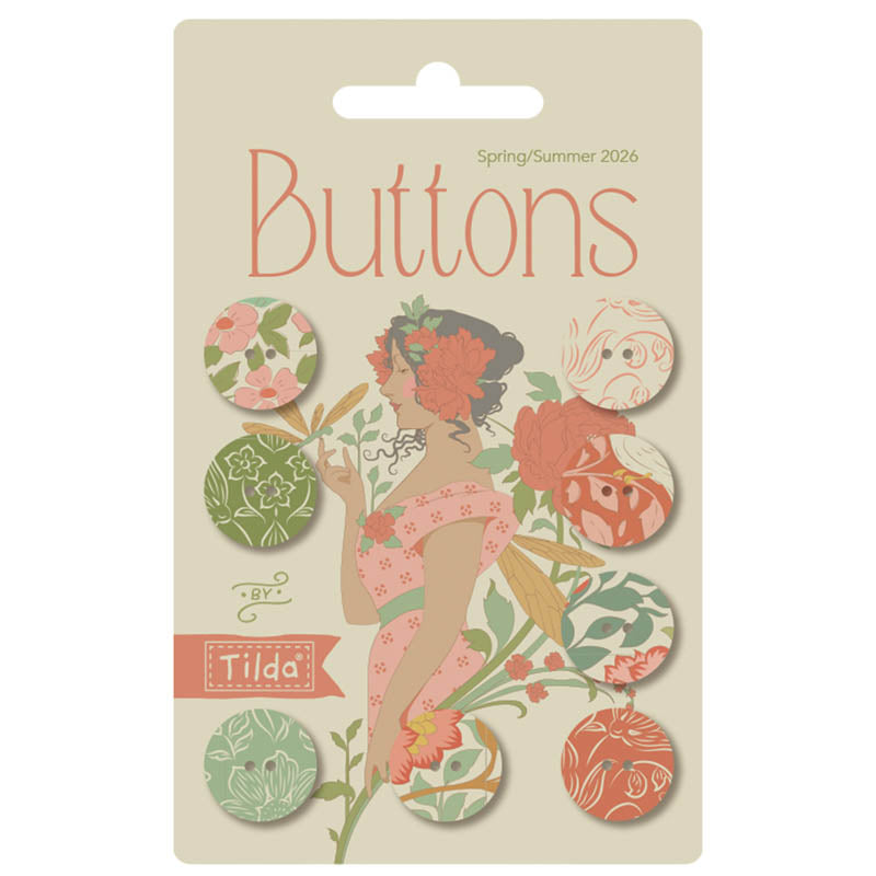 PREORDER! Fabric Covered Buttons, 8 pieces CORAL/GREEN 0.63" diameter each from Tilda, SONGBIRD Collection, TIL400074