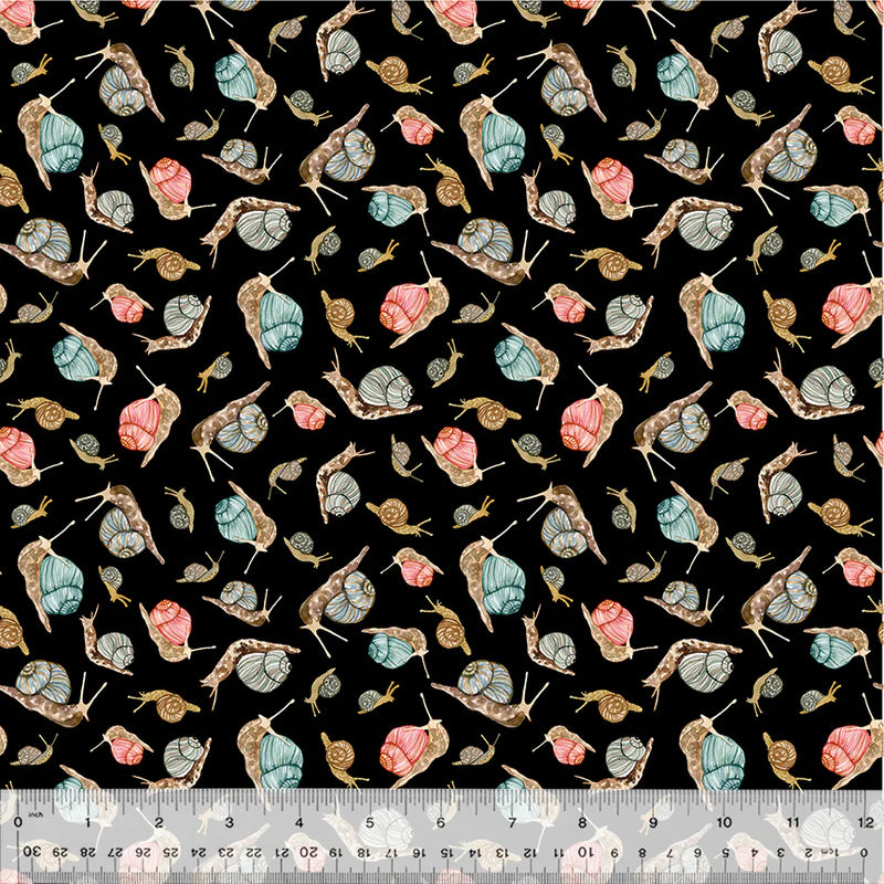 Cotton Fabric Snails 54773D-3 Black, FOREST FRUITS Collection from Betsy Olmsted for Windham