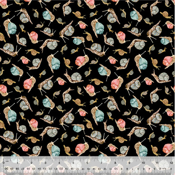 Cotton Fabric Snails 54773D-3 Black, FOREST FRUITS Collection from Betsy Olmsted for Windham