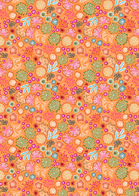 GLOW in the DARK Fabric CORALLY FLOWERS SMALL Orange from Ocean Glow Collection By Lewis and Irene D#A783 C#2