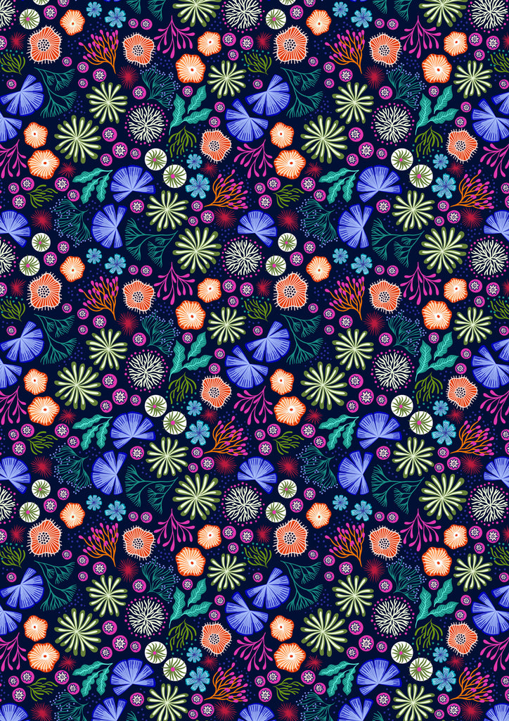 GLOW in the DARK Fabric CORALLY FLOWERS SMALL Dark Blue from Ocean Glow Collection By Lewis and Irene D#A783 C#3