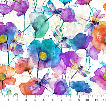 Fabric LARGE FLORAL WHITE MULTI DP27502-10 from DRAGONFLY DANCE Collection by Deborah Edwards and Melanie Samra for Northcott Fabrics