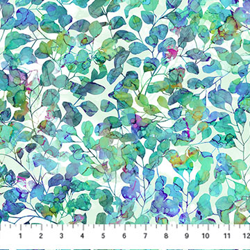 Fabric LEAVES WHITE TEAL DP27505-10 from DRAGONFLY DANCE Collection by Deborah Edwards and Melanie Samra for Northcott