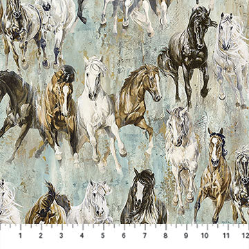 Fabric DP28025-62 HORSES TURQUOISE MULTI from PEDIGREE Collection by Elise Genest for Northcott