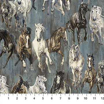 Fabric DP28025-98 HORSES CHARCOAL MULTI from PEDIGREE Collection by Elise Genest for Northcott