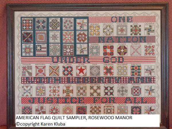 Cross-Stitch Sampler Pattern AMERICAN FLAQ QUILT SMAPLER, revised, by Karen Kluba from Rosewood Manor, S-1112