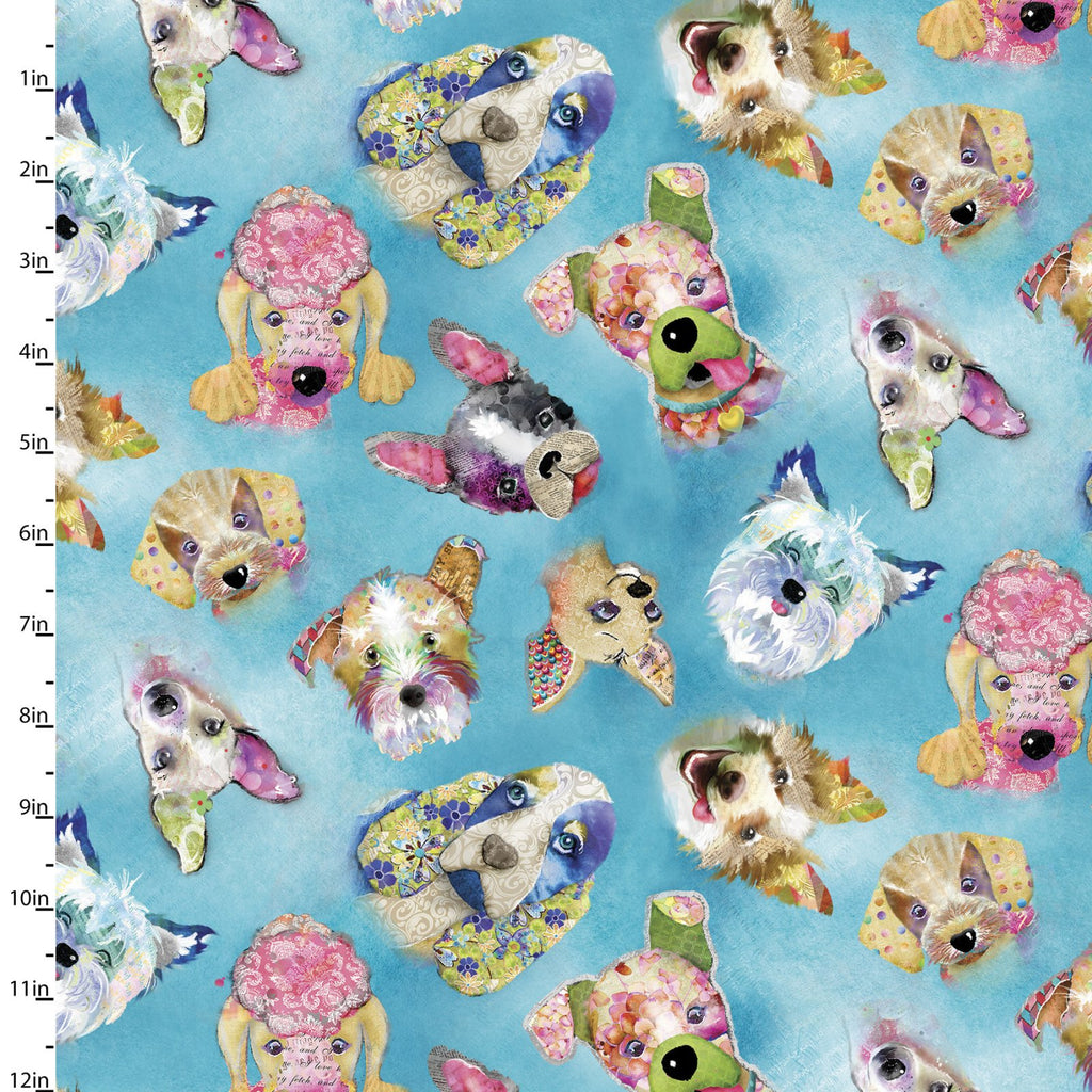 Quilting Fabric Dog Heads from The GOOD DOGS TOO Collection by Connie Haley from 3 Wishes, 14847-BLUE