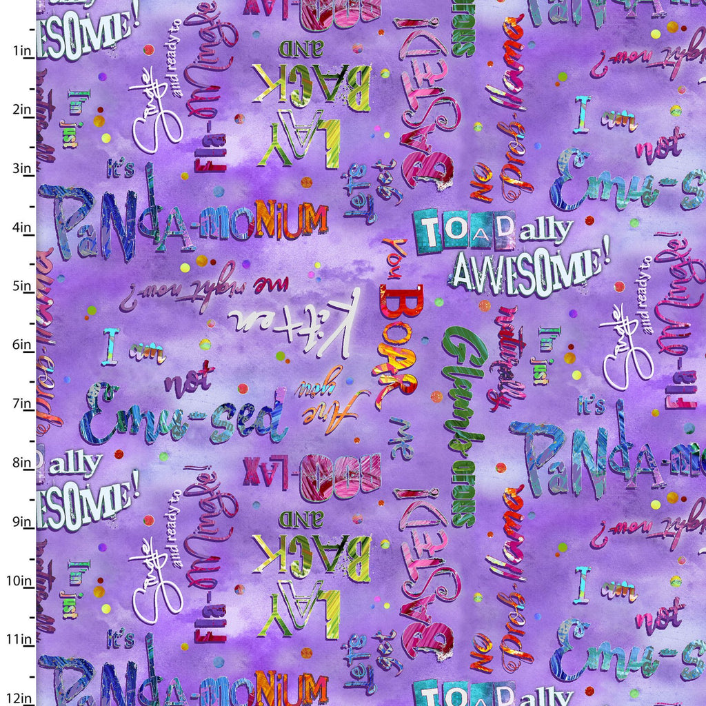 Words Quilting Fabric from Sassier Animals Collection by Connie Haley from 3 Wishes, 15991-PUR-CTN-D
