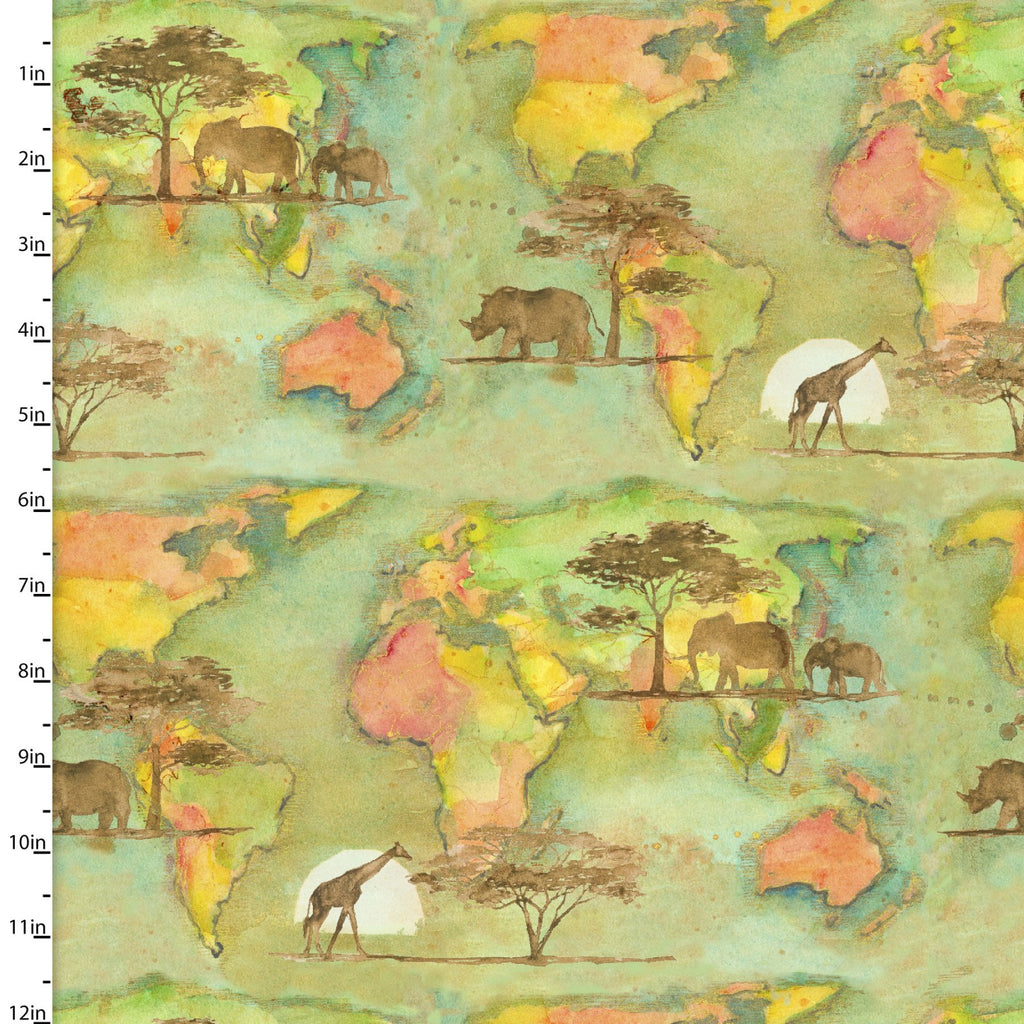 Fabric WORLD MAP, GREEN, from Into The Wild Collection by John Keeling for 3 Wishes, # 20178-GRN-CTN-D