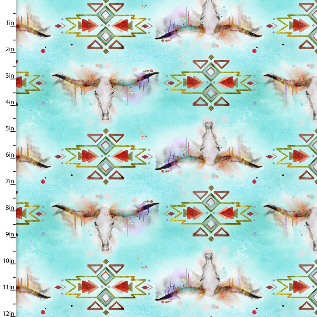 Fabric LONGHORN SKULLS, TURQUOISE, from Whimsical West by Connie Haley for 3 Wishes, # 20277-TRQ-CTN-D