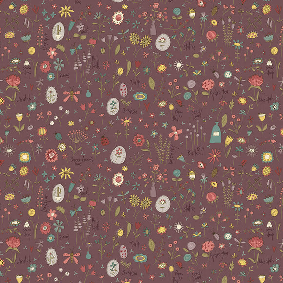 Henry Glass Fabric TOSSED WILD FLOWERS, 2896-58 Raisin, from Market Garden Collection by Anni Downs