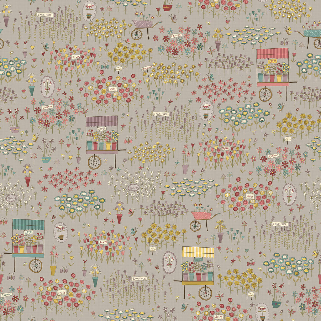 Henry Glass Fabric MARKET GARDEN, 2902-11 Gray/Taupe, Market Garden Collection by Anni Downs