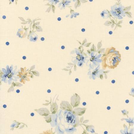 Quilting FABRIC from Lecien, DURHAM Collection 2019, #31927 -70, Blue Medium Roses with Polka Dots