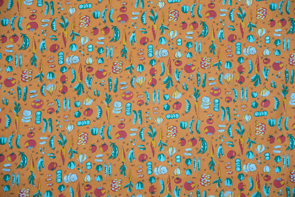 Fabric Joyful Kitchen from Quiltgate, Japan, from Dear Little World Collection LW1950 Pattern 12b, Veggies on Orange