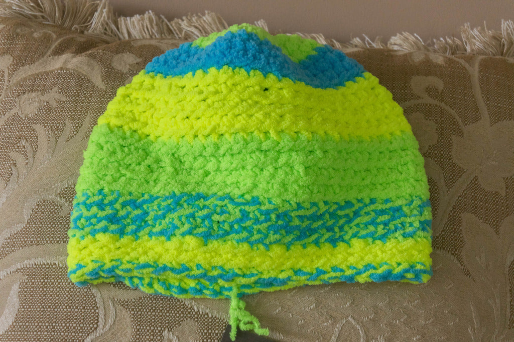 Hat, Hand crocheted, soft plush, Neon Yellow, Green, and Blue – SoKe