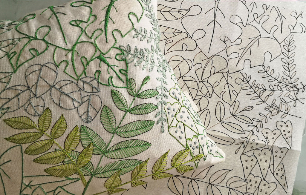 Annie Morris Embroidery Color Printed LINEN LEAFY  Cushion Panel