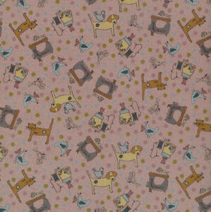 Quilting FABRIC from Lecien, One Stitch At a Time Collection by Lynnette Anderson. 35072-20 Cats, Dogs, and Birds