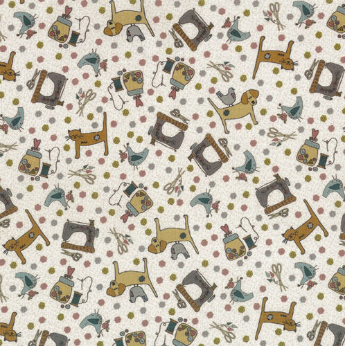 Quilting FABRIC from Lecien, One Stitch At a Time Collection by Lynnette Anderson. 35072-10 Cats, Dogs, and Birds